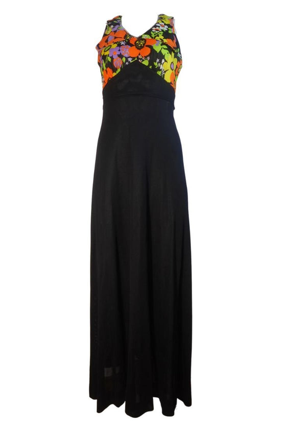 1970's Floral & Black Maxi Dress with Collar
