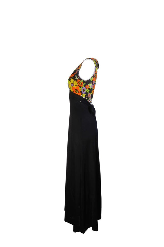 1970's Floral & Black Maxi Dress with Collar