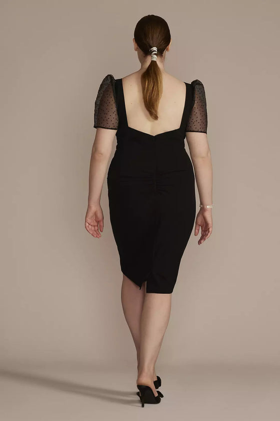 DB Studio Plus Ruched Crepe Sheath With Pindot Sleeves