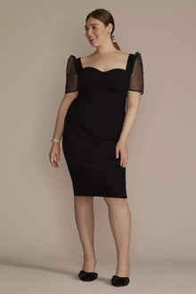  DB Studio Plus Ruched Crepe Sheath With Pindot Sleeves