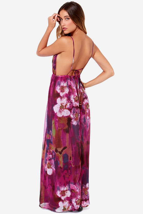 Titania's Woods Backless Purple Print Maxi Dress