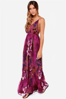  Titania's Woods Backless Purple Print Maxi Dress