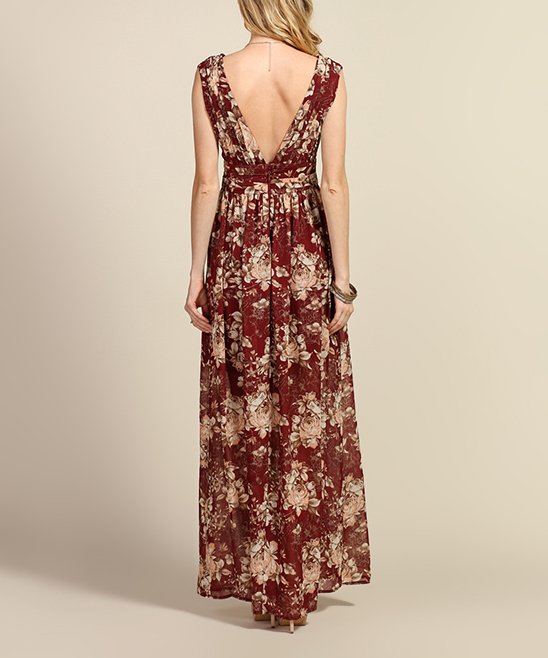 Wine Floral Plunge-Front Sleeveless Maxi Dress