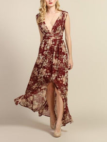  Wine Floral Plunge-Front Sleeveless Maxi Dress